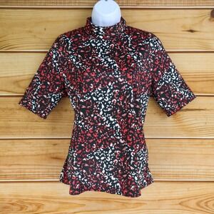 Vicki Wayne Shirt Womens M Black Red Animal Print Turtleneck Stretch Zip Closure